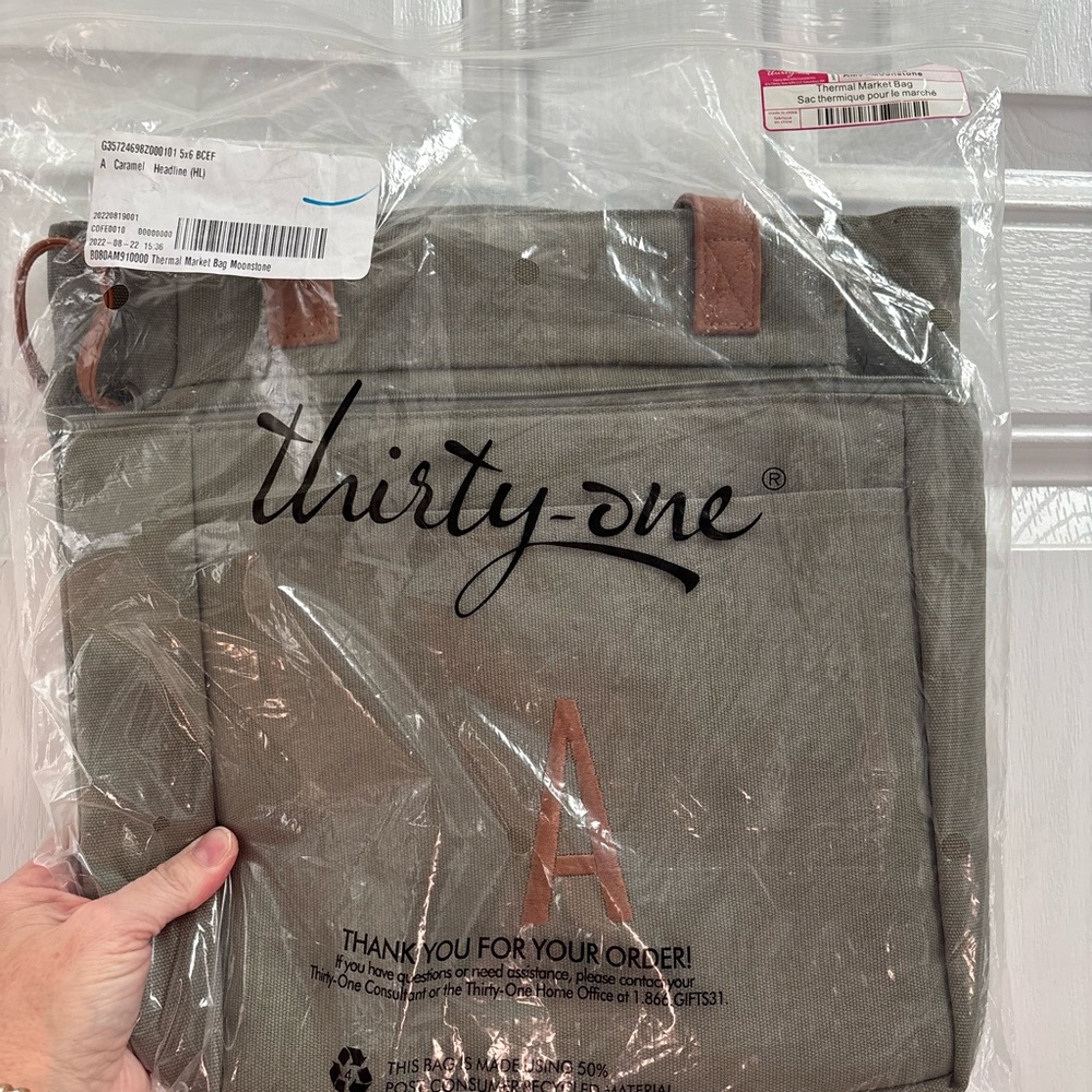 Thirty-One Thermal Market - Olive Tote with Brown monogrammed “A” Accent